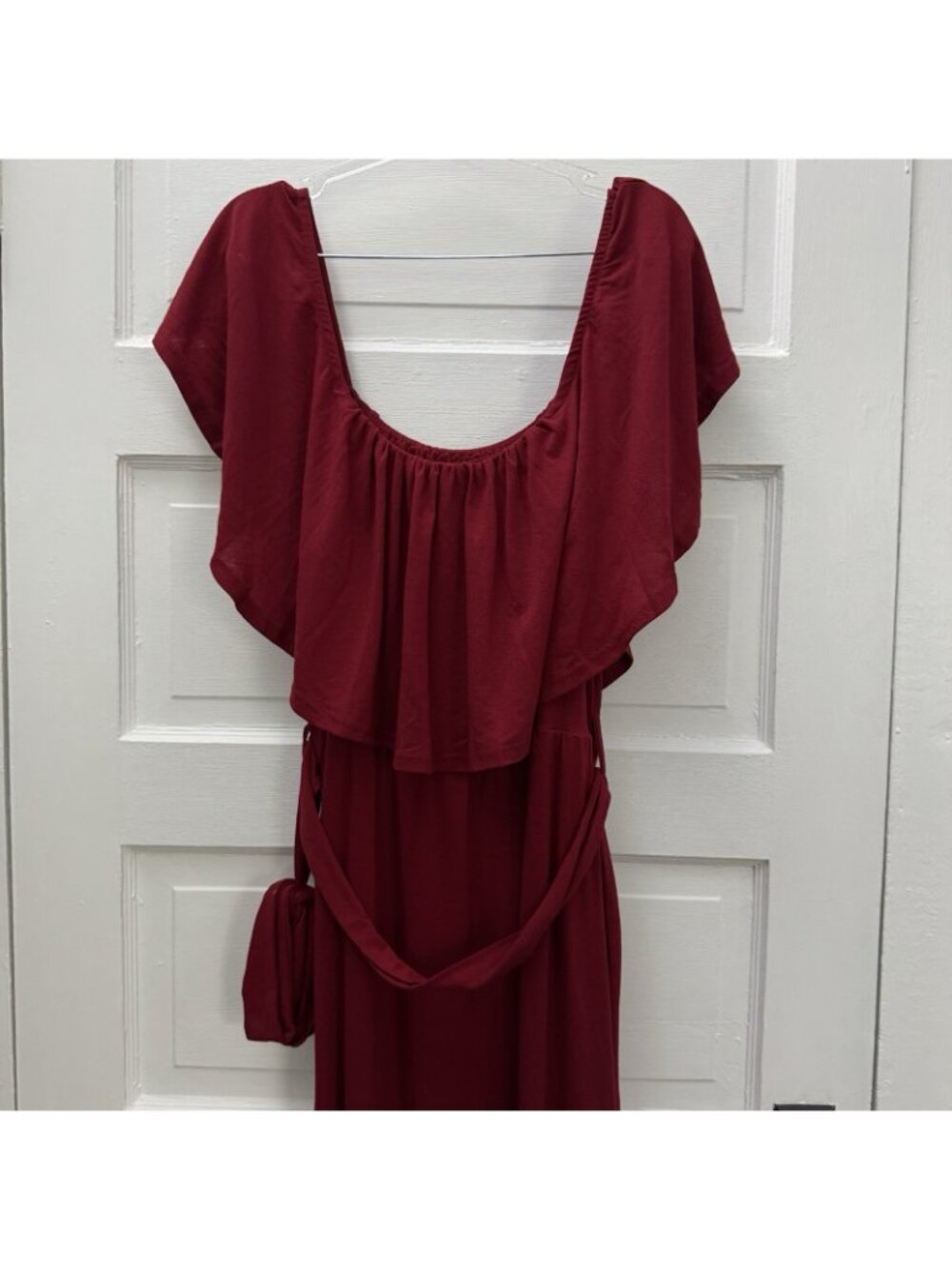 Pinup Fashion Burgundy Off Shoulder Maxi Dress Flutter Sleeve Belted 18 - Picture 8 of 12